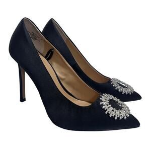 Express Satin Stiletto Pumps 9 Black Rhinestone Bling High Heels Shoes Party